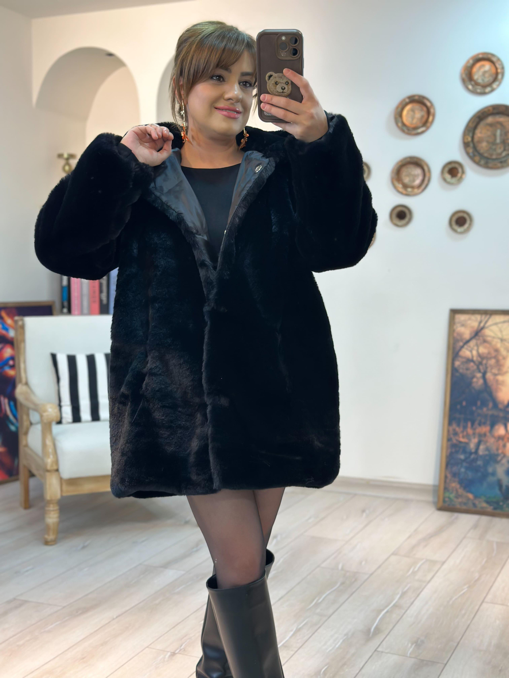 Lüx Kalite Kapşonlu Peluş Mont SİYAH