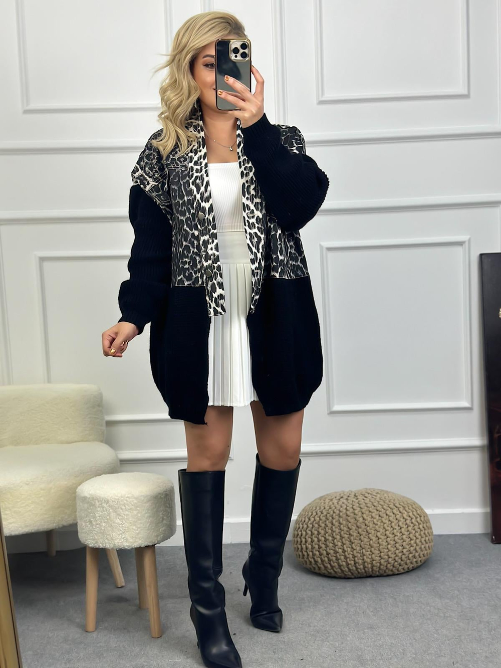 Marka Model Triko Mixli Üstü Gabardin Tasarım Leopar Ceket SİYAH