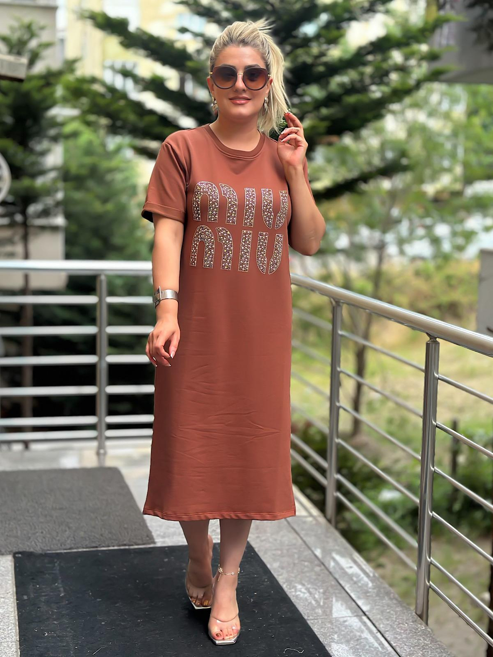 Miu Taşlı Elbise KAHVE