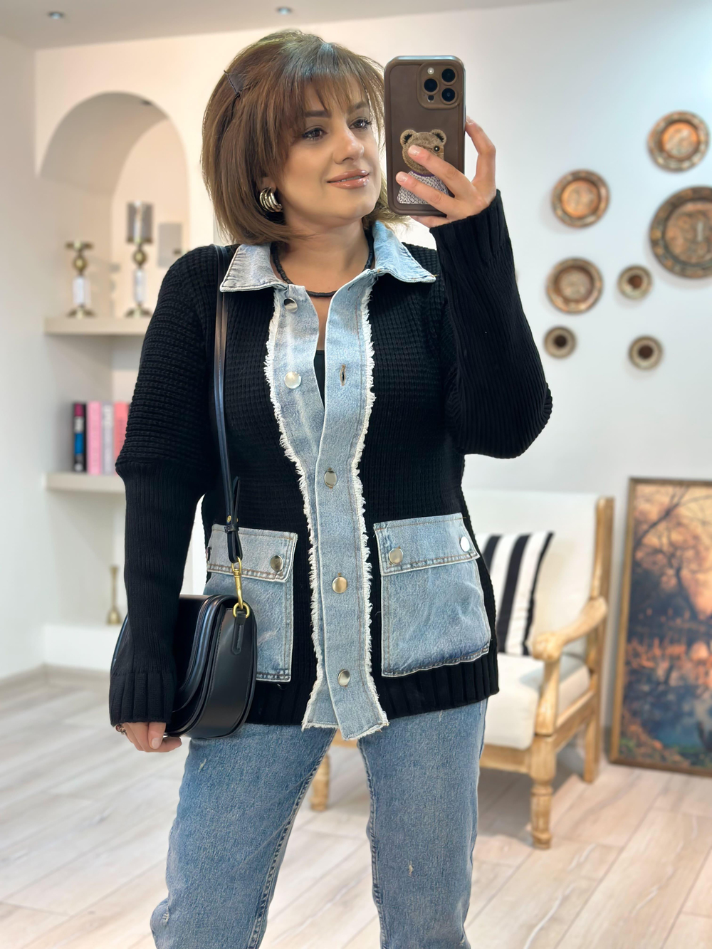 Mousin Kot Detaylı Triko Hırka SİYAH