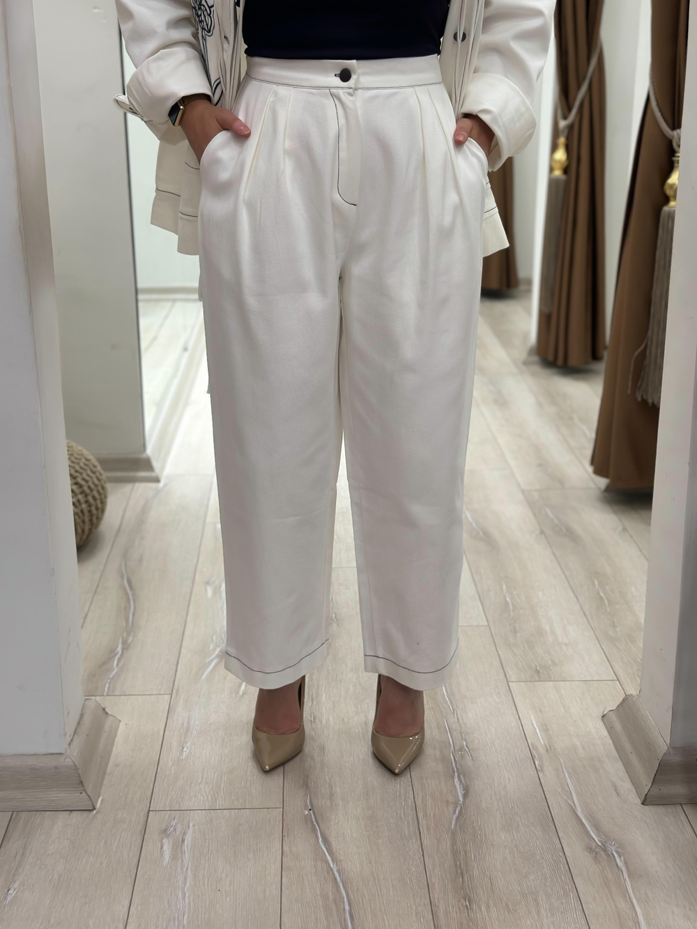 Nakış İşlemeli Cep Detaylı Denim Takım EKRU