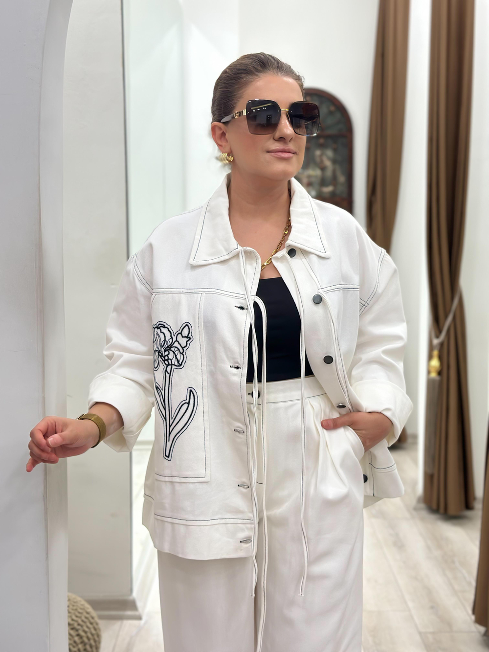 Nakış İşlemeli Cep Detaylı Denim Takım EKRU