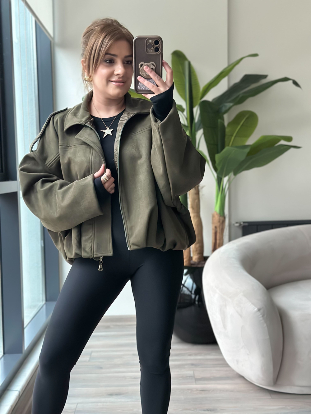 Nubuk Oversize Boomber Ceket HAKİ