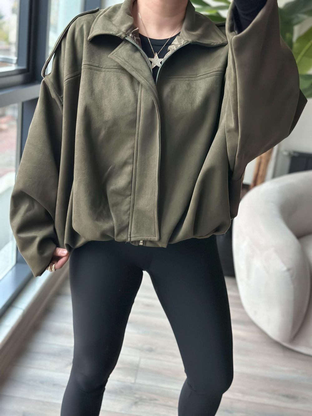Nubuk Oversize Boomber Ceket HAKİ