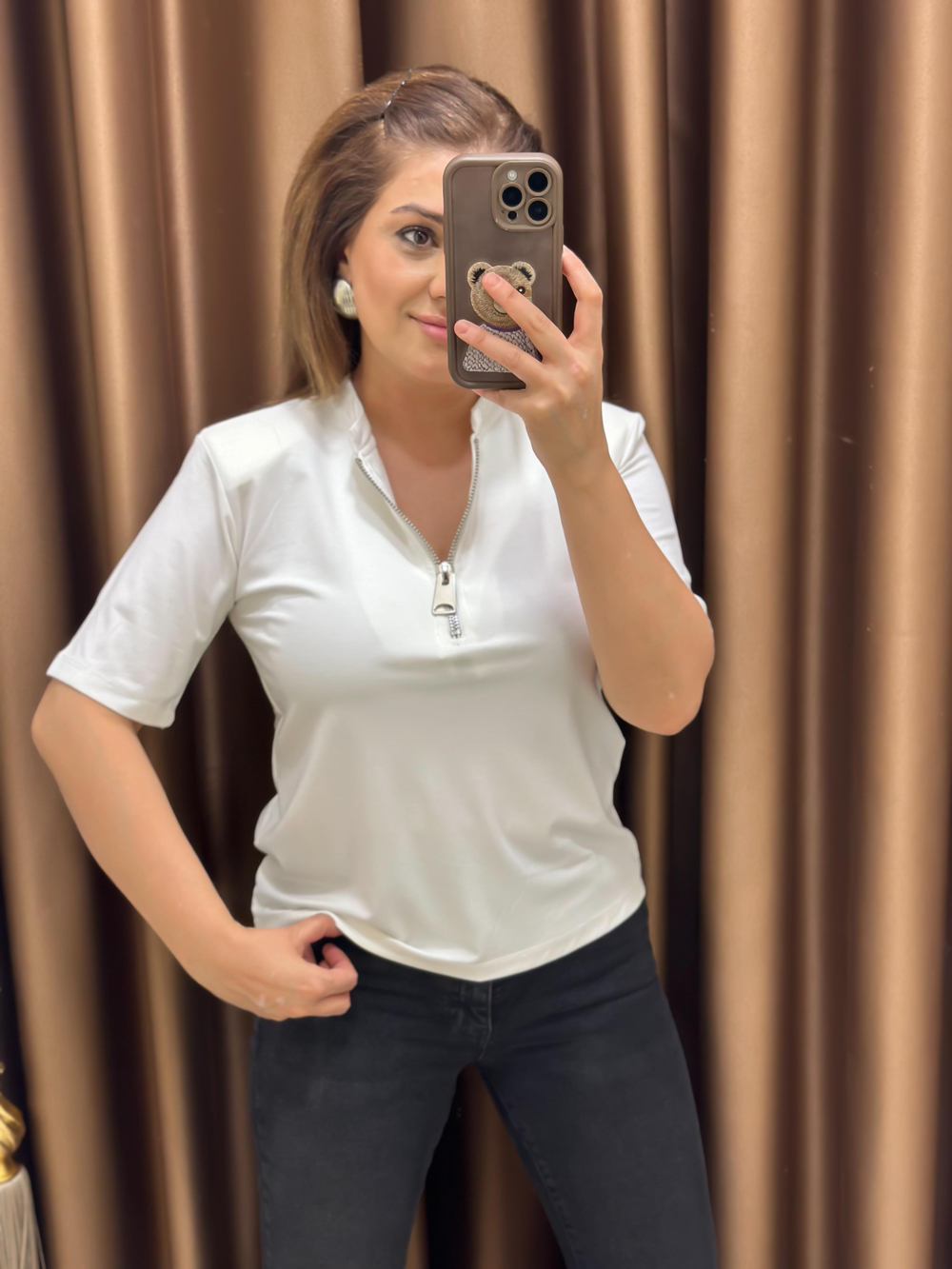 Omuzları Vatkalı Fermuar Detay Tshirt EKRU