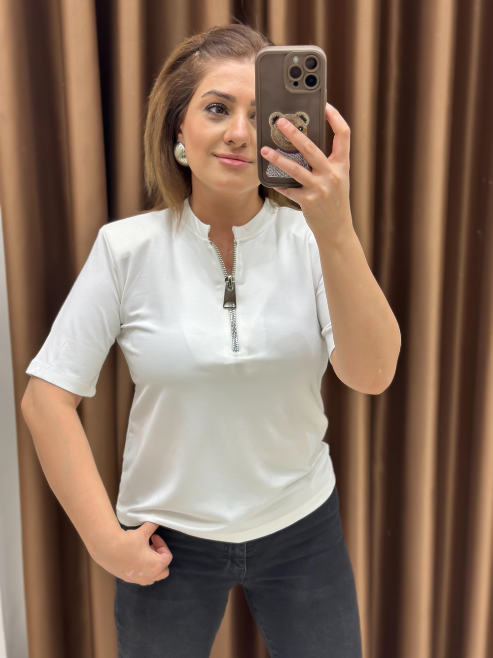 Omuzları Vatkalı Fermuar Detay Tshirt EKRU