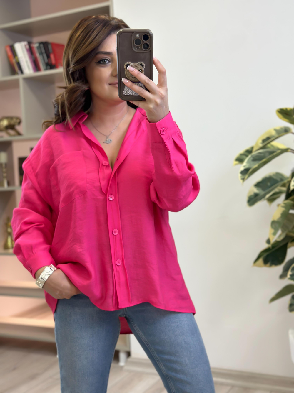 Omzu Düşük Oversize Gömlek FUŞYA
