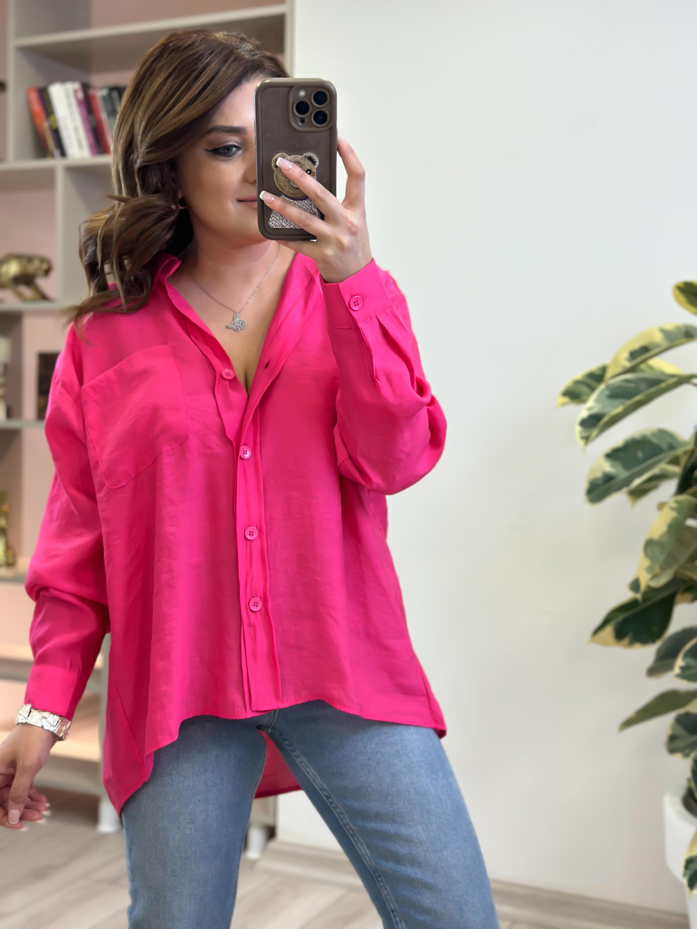 Omzu Düşük Oversize Gömlek FUŞYA