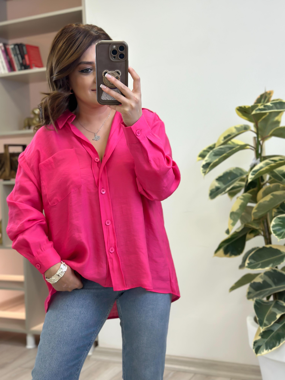 Omzu Düşük Oversize Gömlek FUŞYA