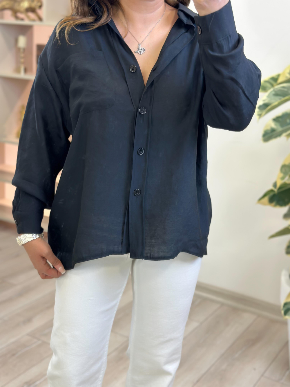 Omzu Düşük Oversize Gömlek SİYAH