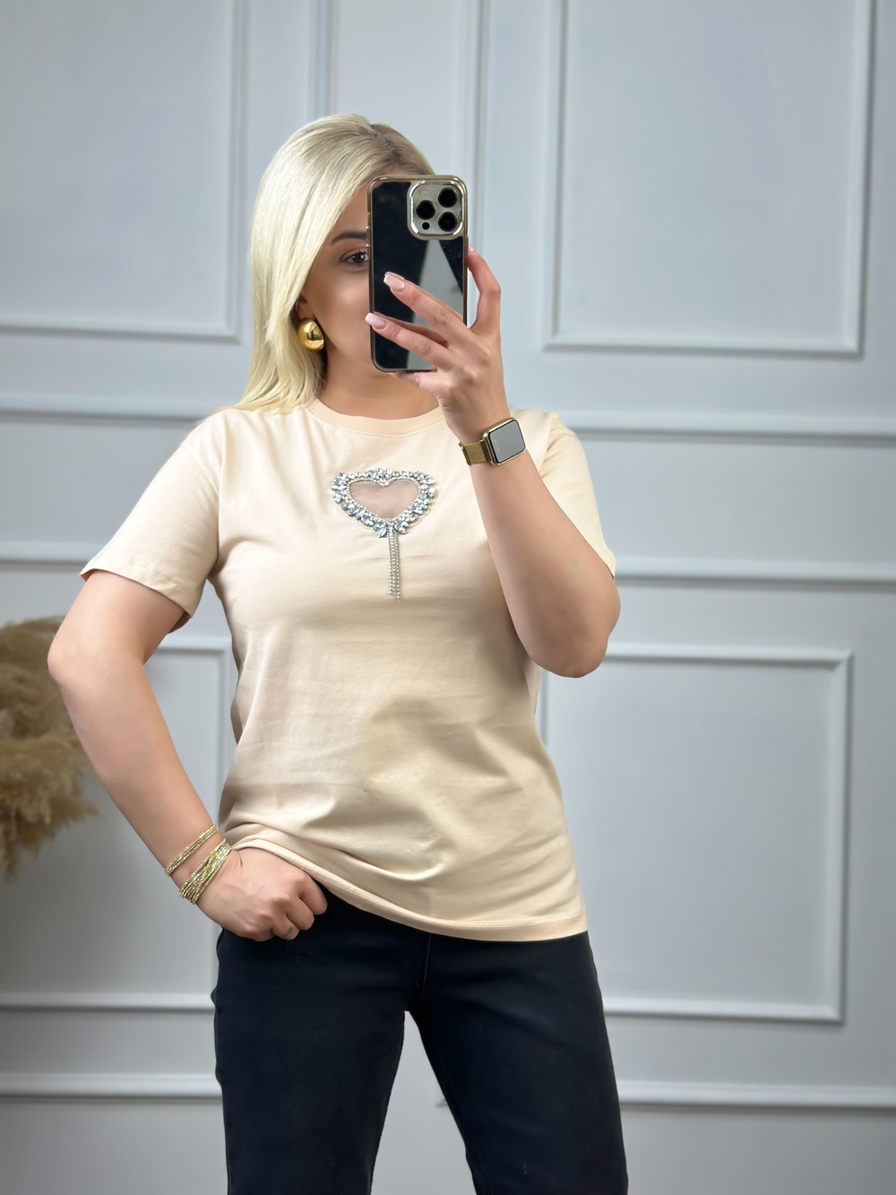 Önü Açık Kalpli Taşlı Tshirt BEJ
