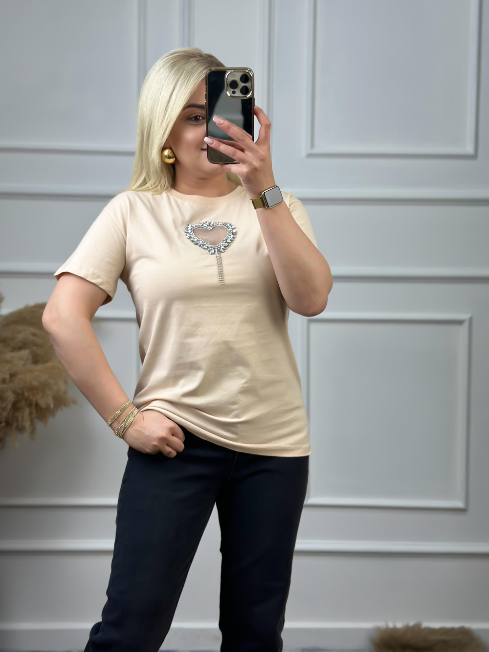 Önü Açık Kalpli Taşlı Tshirt BEJ