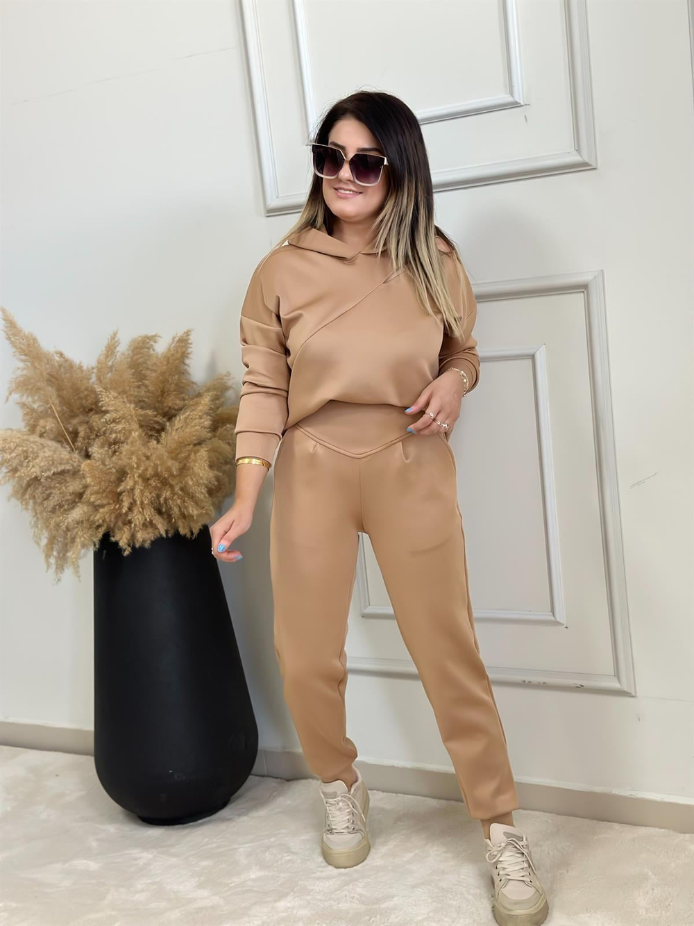 Önü Düz Kemerli Scuba Pantolon CAMEL