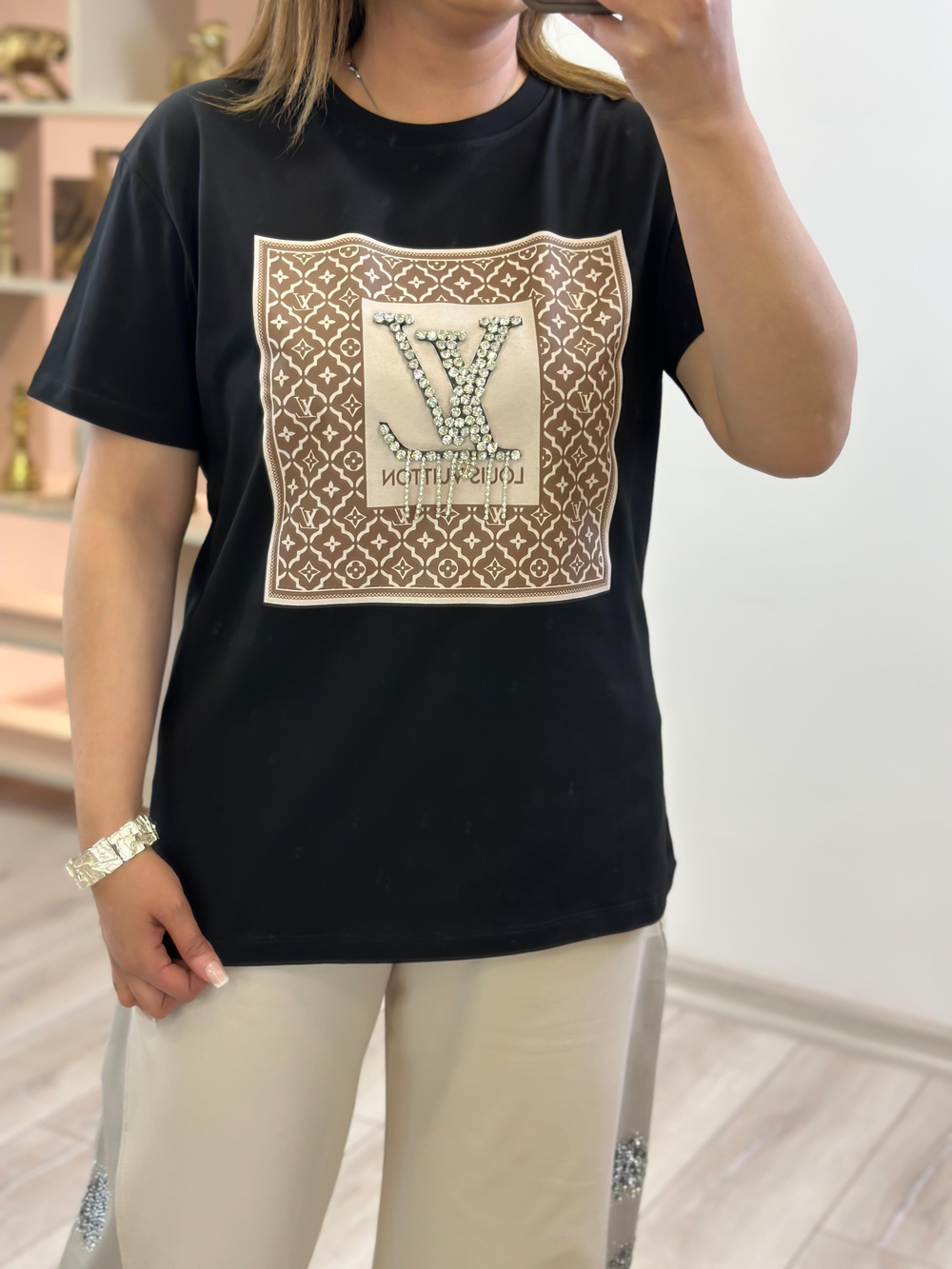 Orjinal Marka Taş Detaylı Tshirt SİYAH
