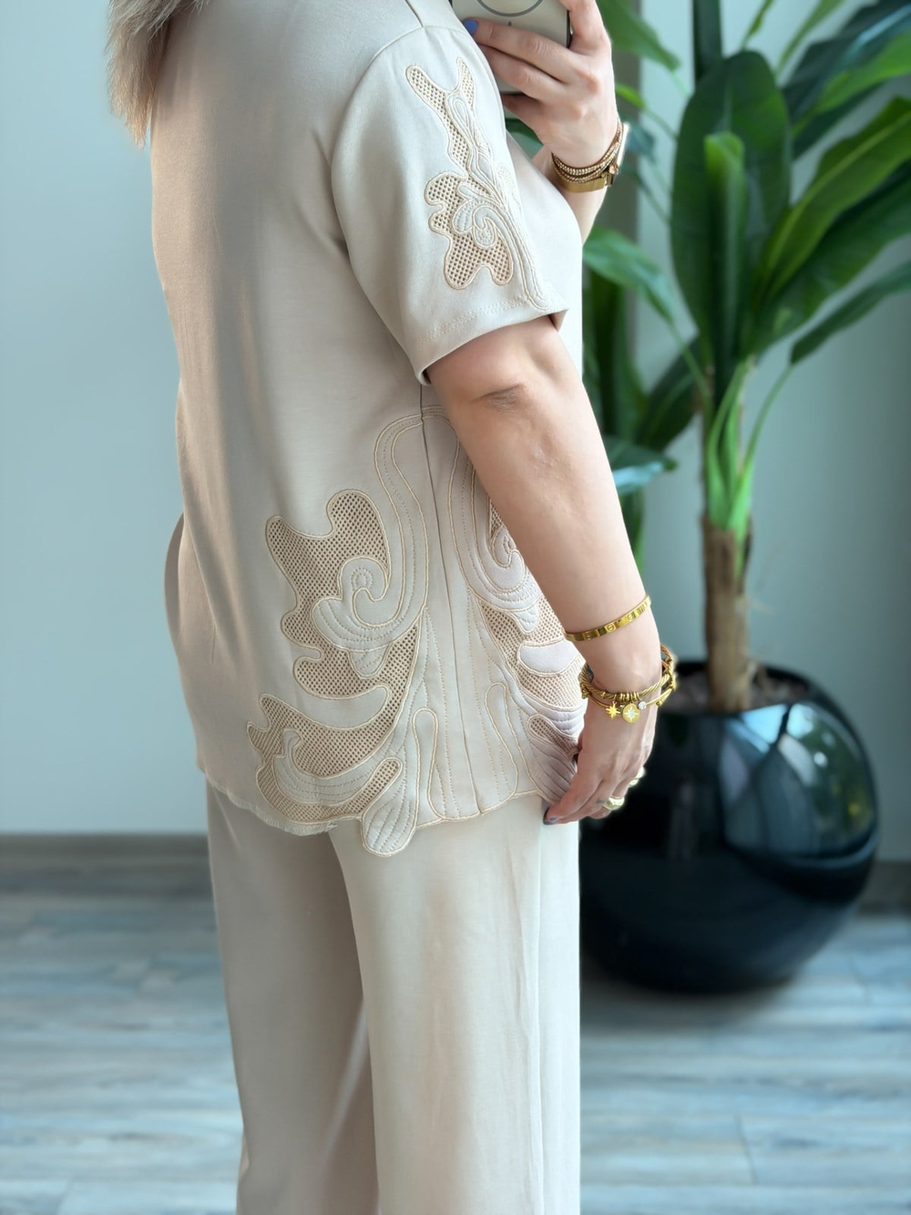 OrJinal Yan Nakışlı  Modal İkili Takım BEJ