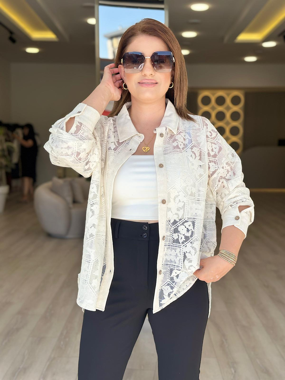 Oversize Dantel Gömlek KREM