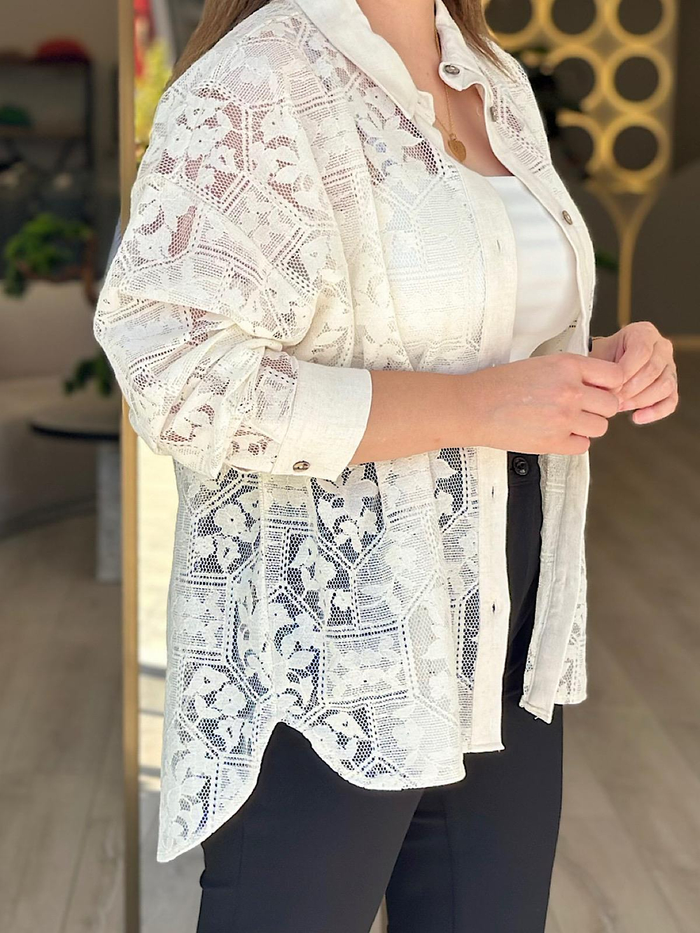 Oversize Dantel Gömlek KREM