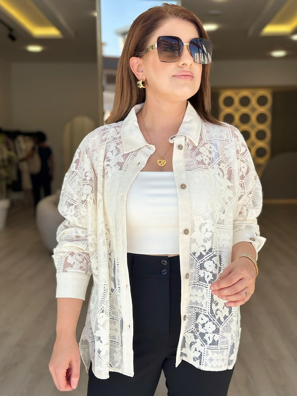 Oversize Dantel Gömlek KREM