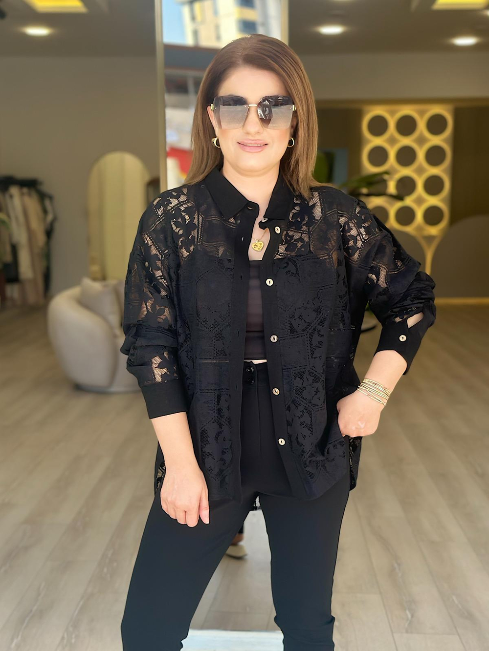 Oversize Dantel Gömlek SİYAH