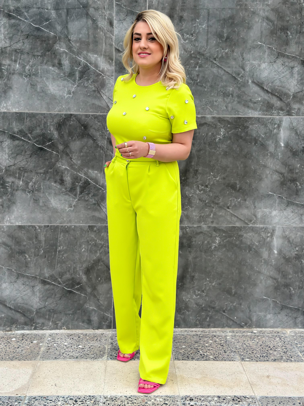 Özel Dikilmiş Taş Tasarımlı İkili Takım NEON YEŞİL