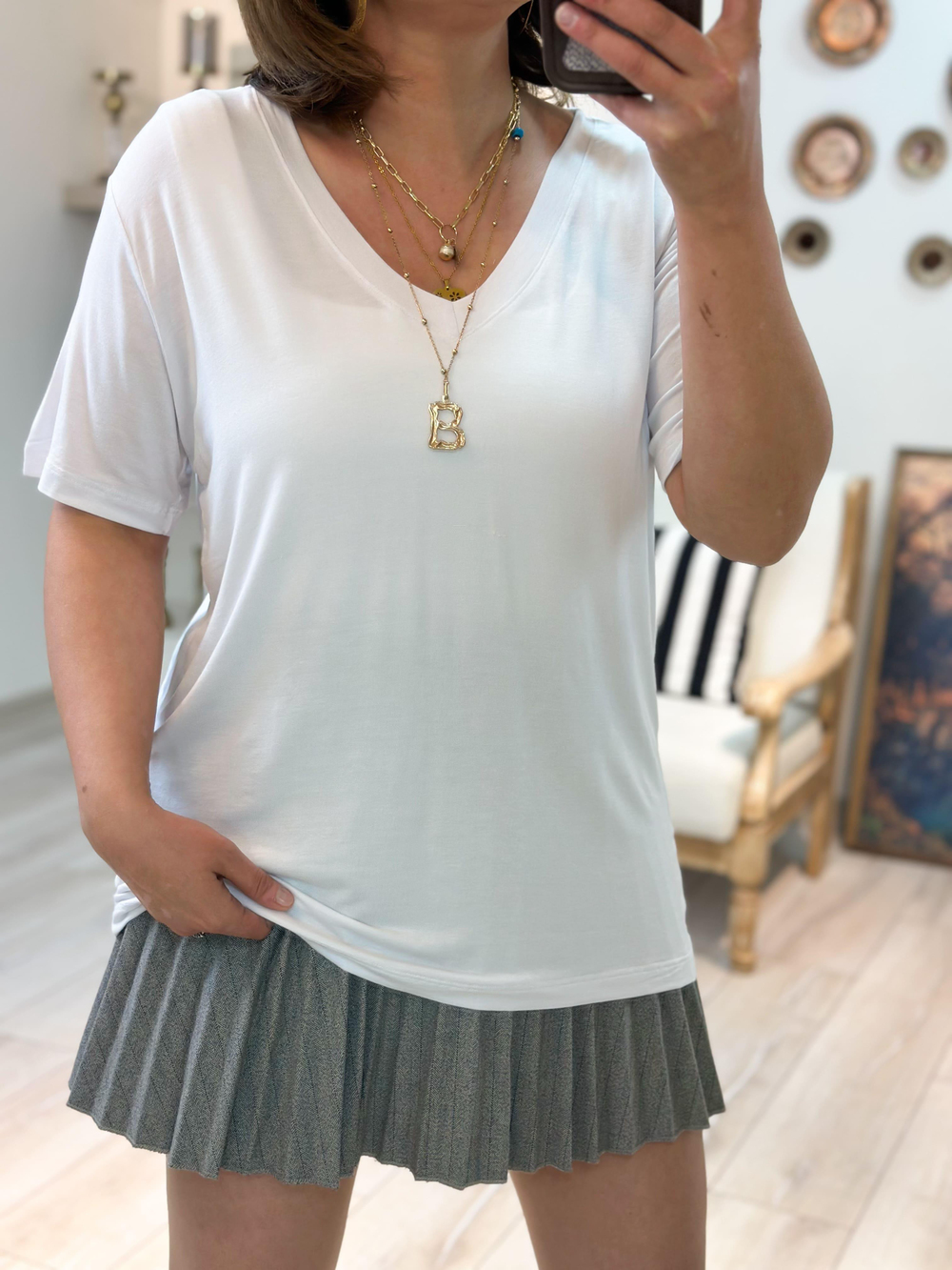 Özel Seri V Yaka Basic Pamuklu Modal Tshirt BEYAZ