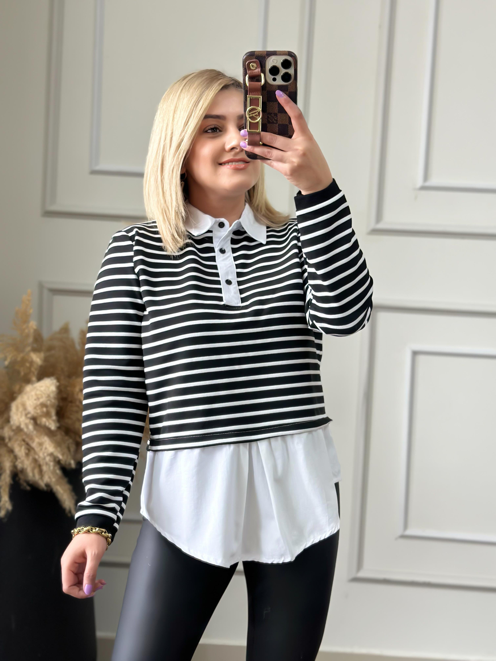 Pamuk Kumaş Çizgili Gömlek Sweatshirt SİYAH