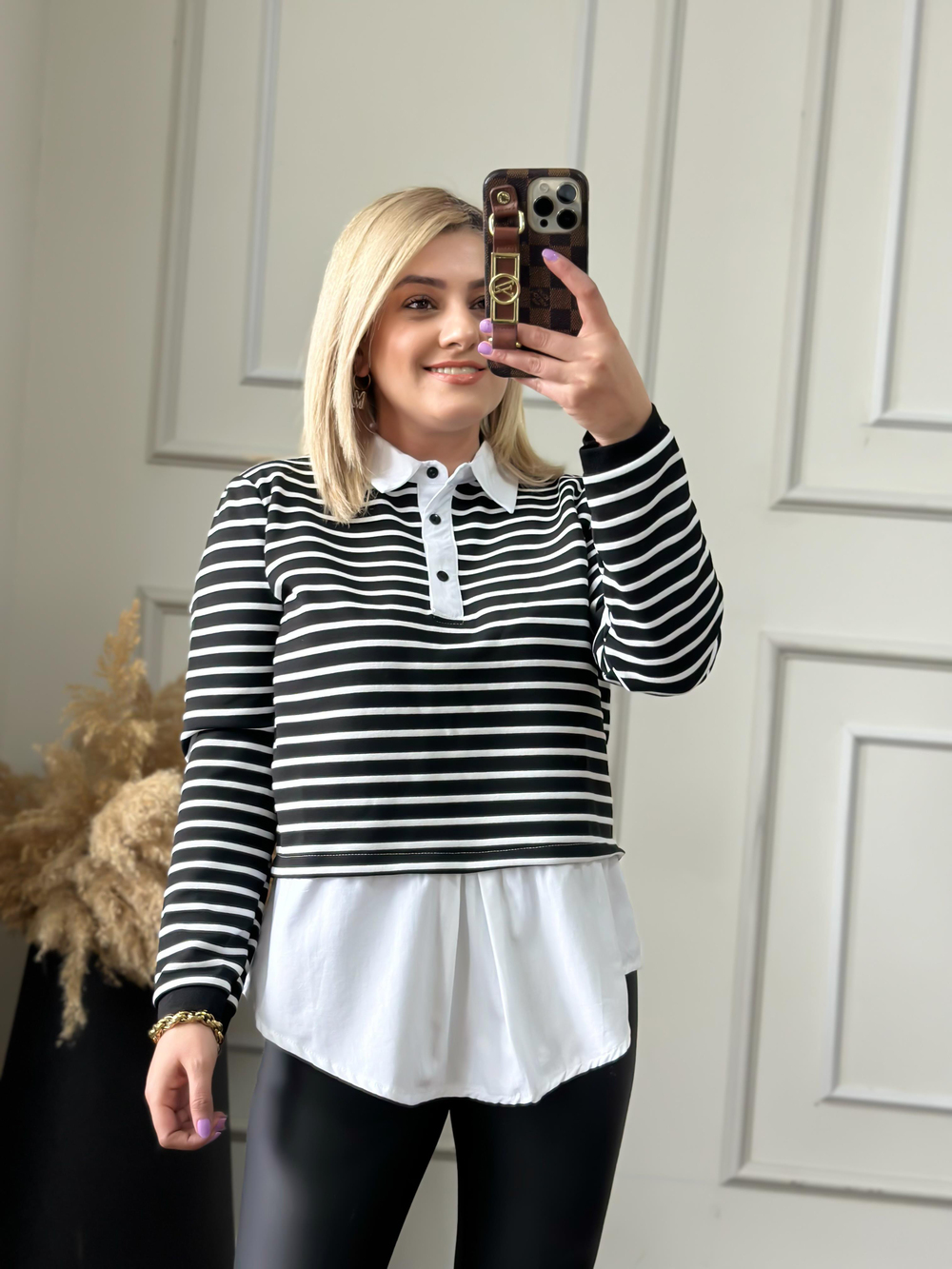 Pamuk Kumaş Çizgili Gömlek Sweatshirt SİYAH