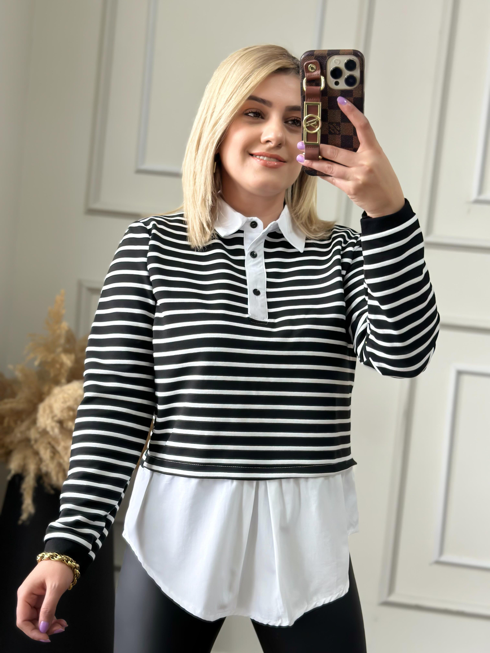 Pamuk Kumaş Çizgili Gömlek Sweatshirt SİYAH