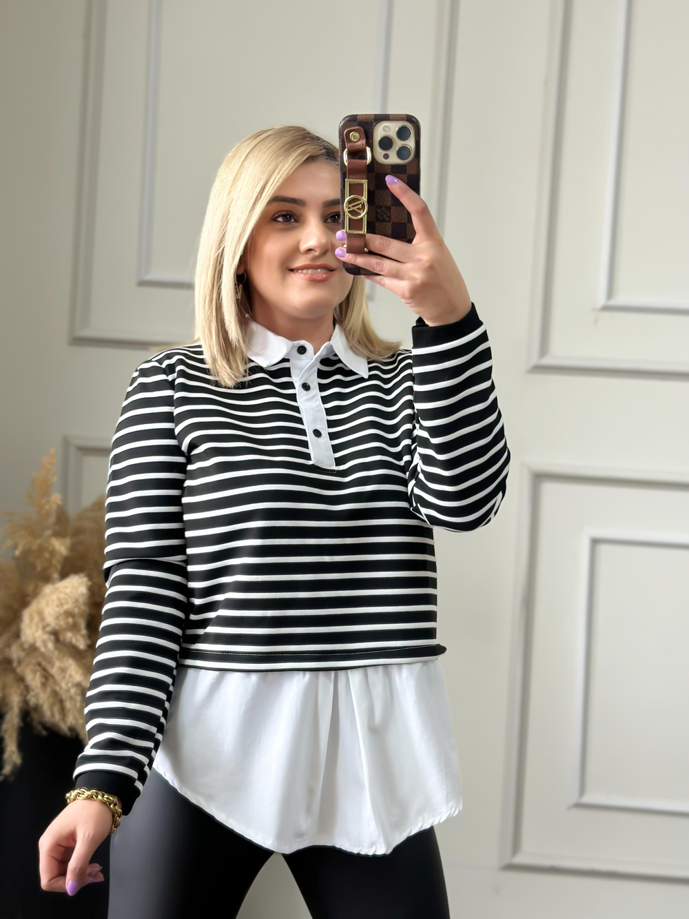 Pamuk Kumaş Çizgili Gömlek Sweatshirt SİYAH