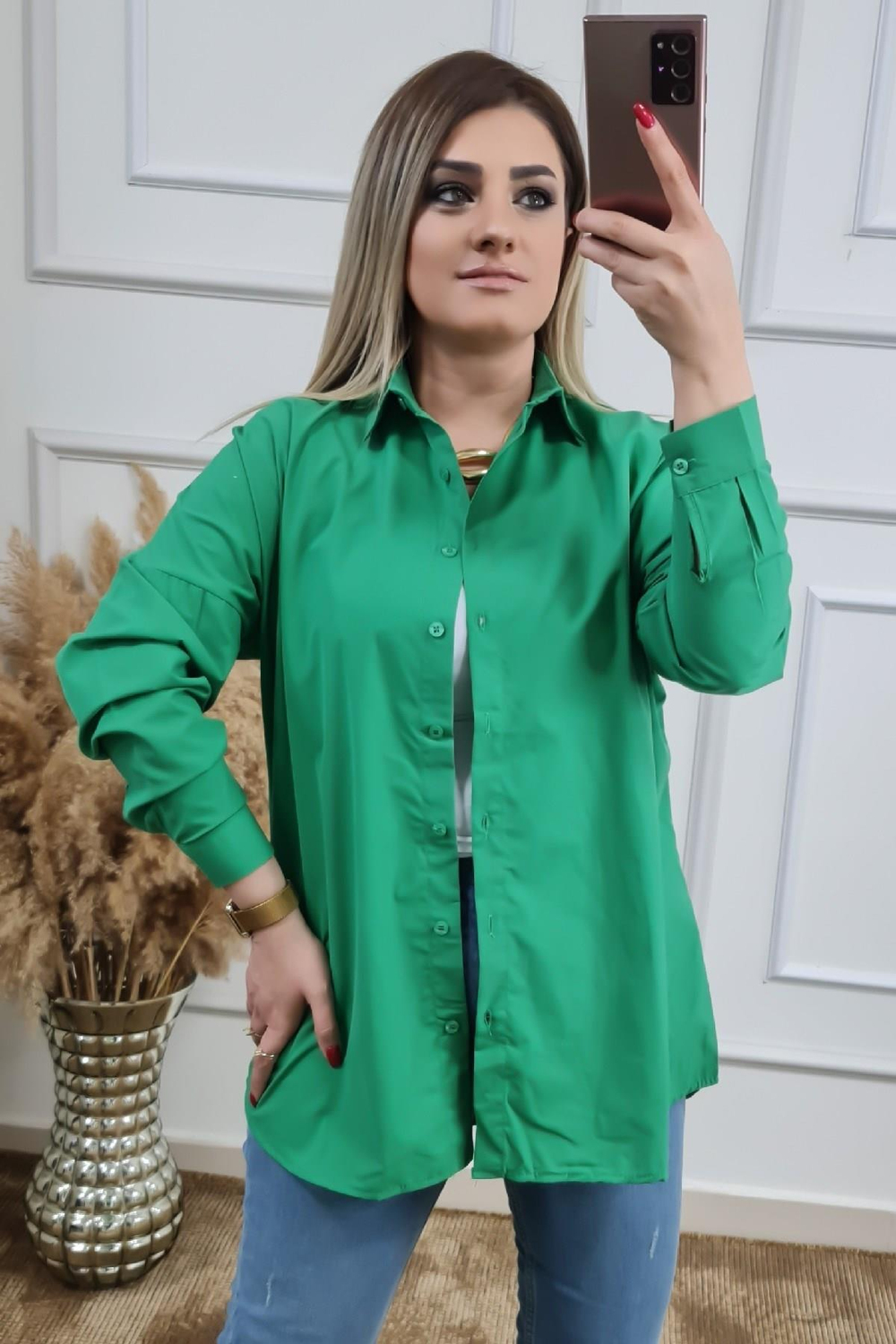 Pamuk Poplin Basic Gömlek YEŞİL