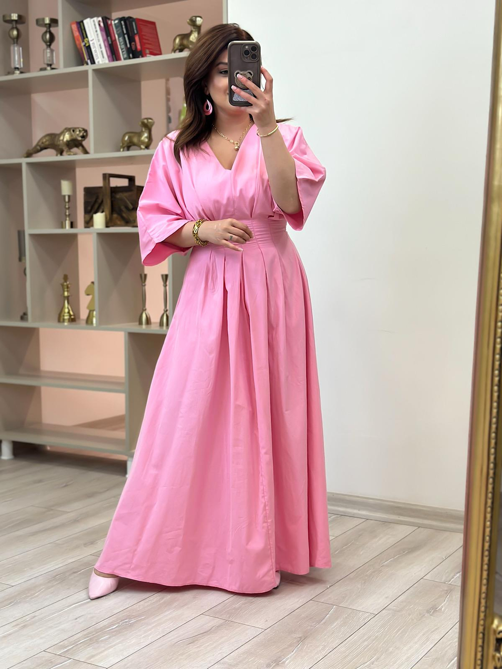 Pileli Uzun Elbise PEMBE