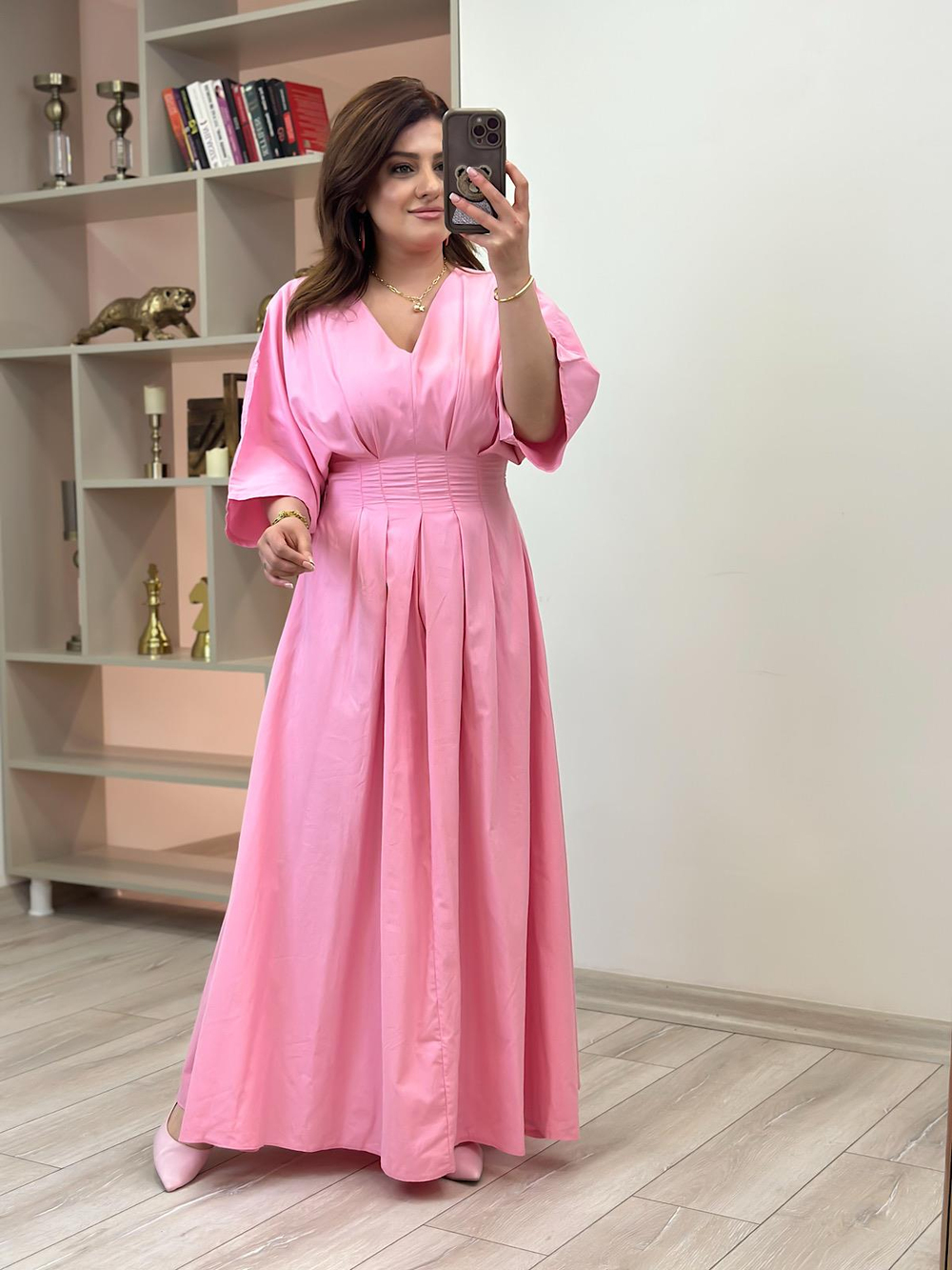 Pileli Uzun Elbise PEMBE