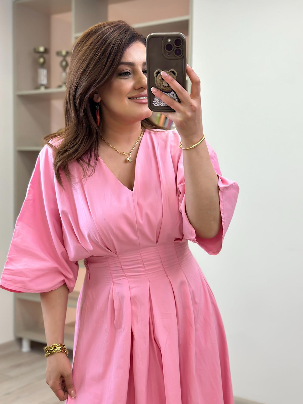 Pileli Uzun Elbise PEMBE