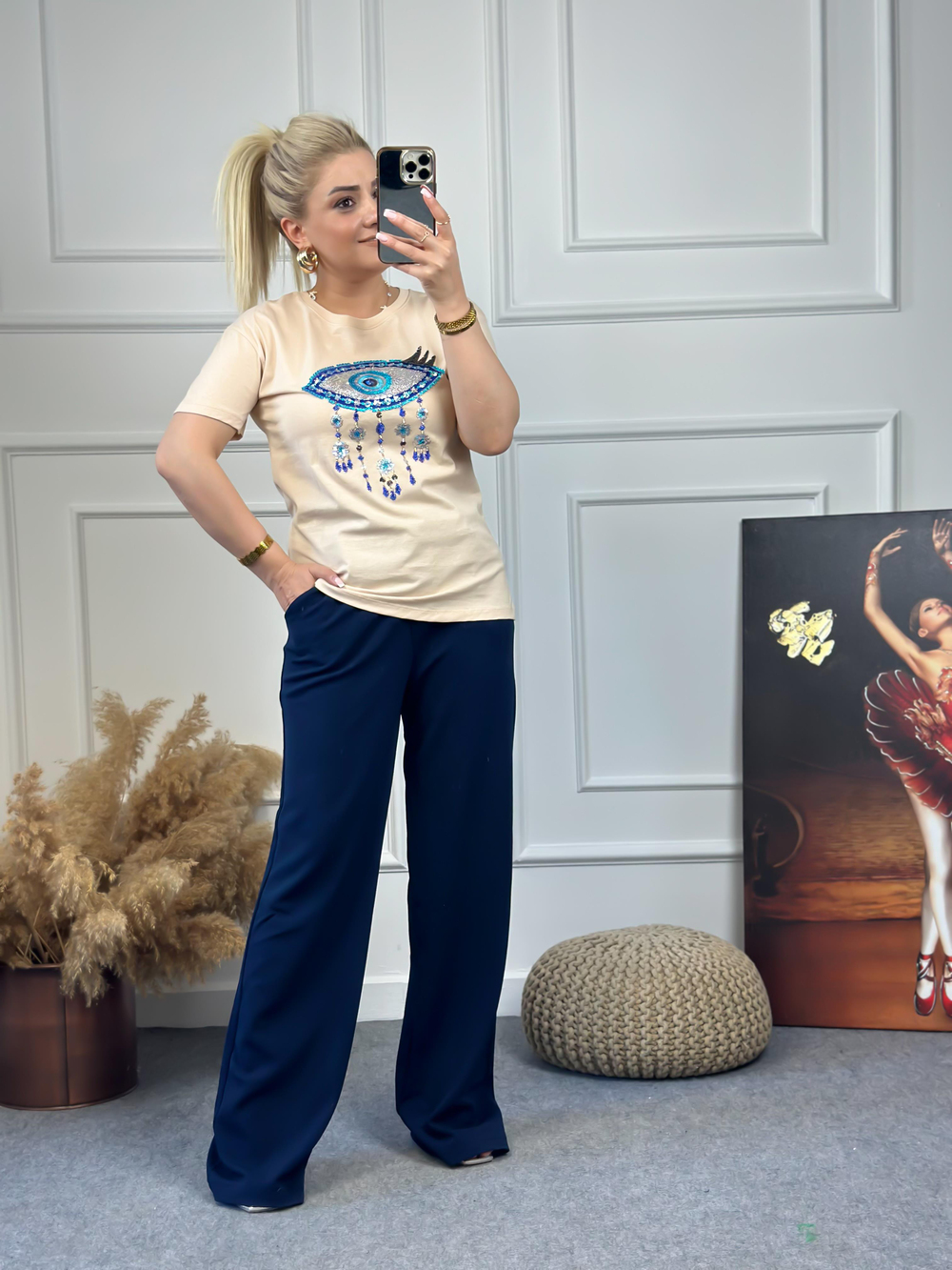 Pullu Göz Detaylı Tshirt BEJ