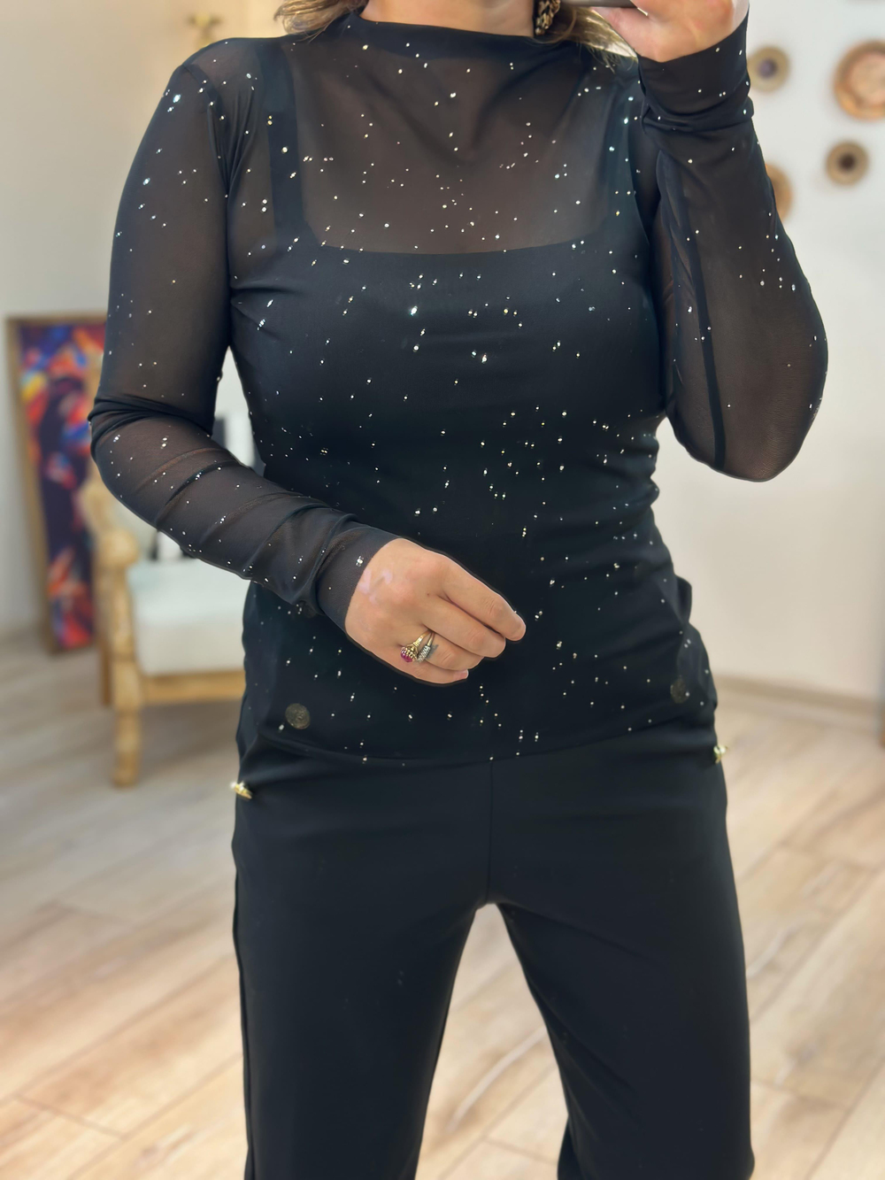 Pullu Transparan Bluz SİYAH