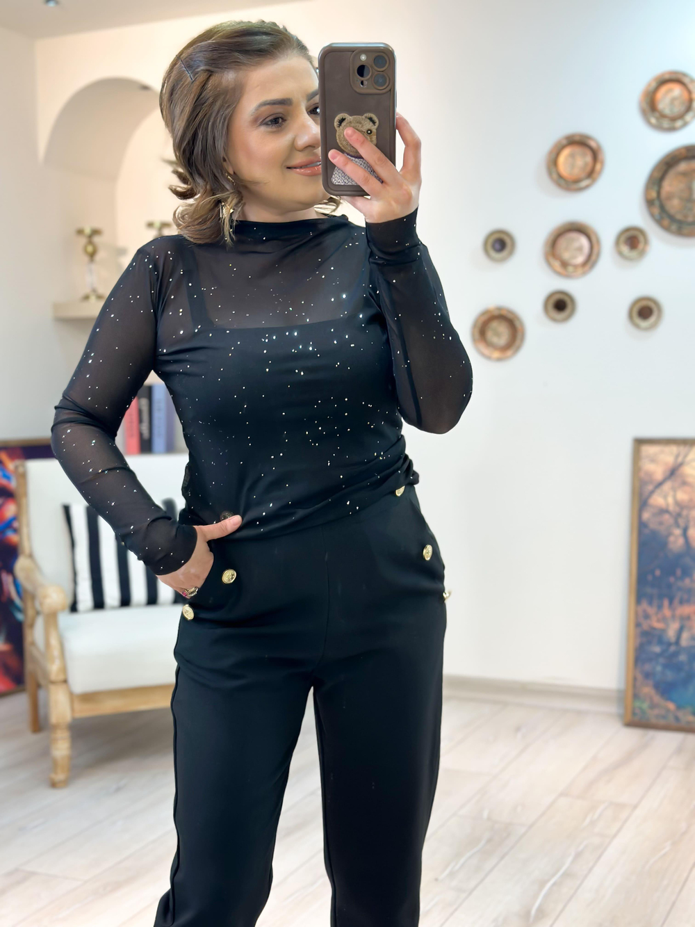 Pullu Transparan Bluz SİYAH