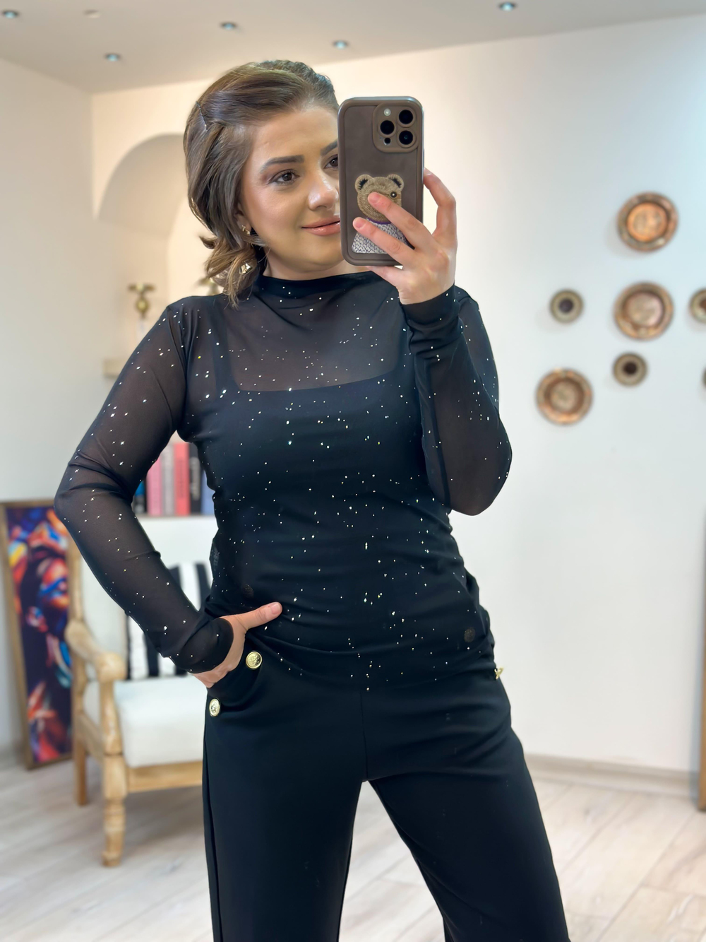 Pullu Transparan Bluz SİYAH