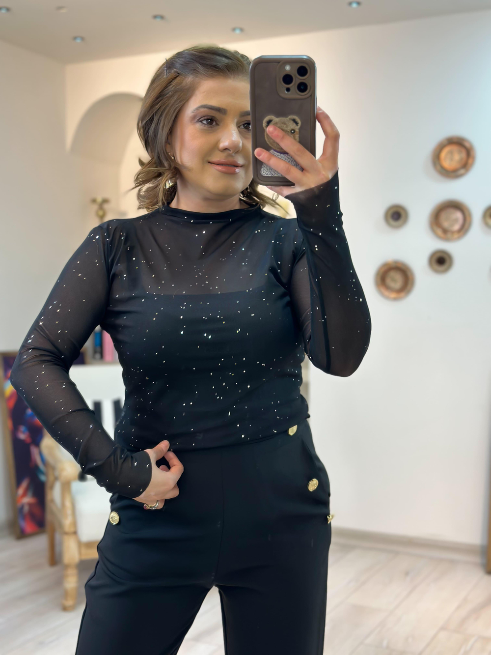 Pullu Transparan Bluz SİYAH