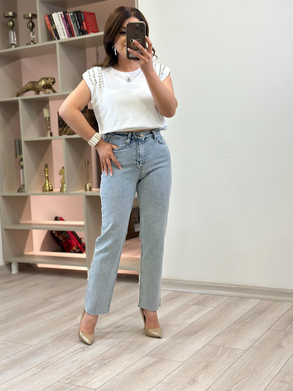 Serpme Taş Detay Mom Fit Pantolon BUZ MAVİ