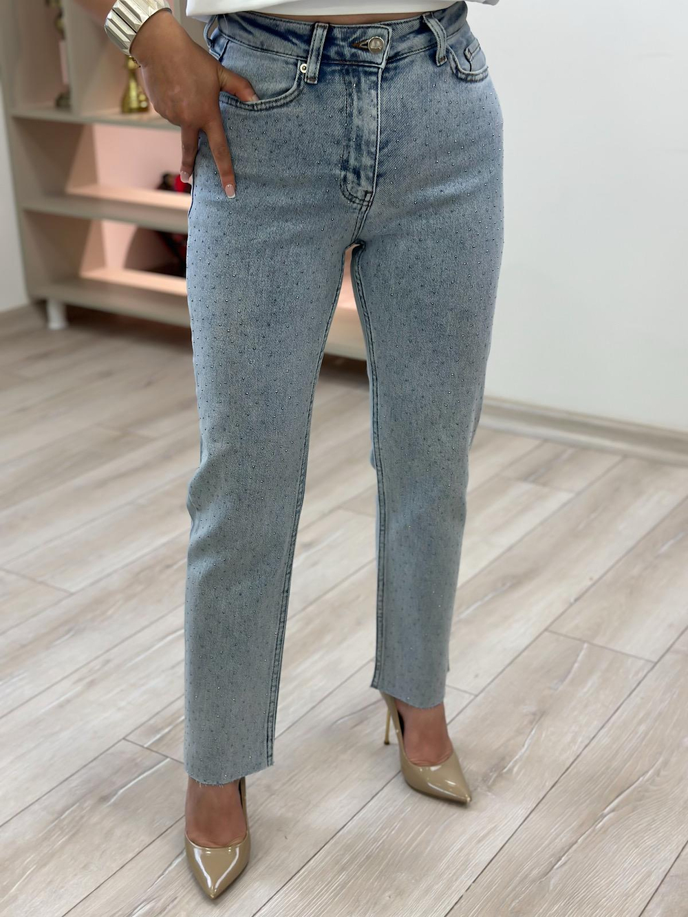 Serpme Taş Detay Mom Fit Pantolon BUZ MAVİ