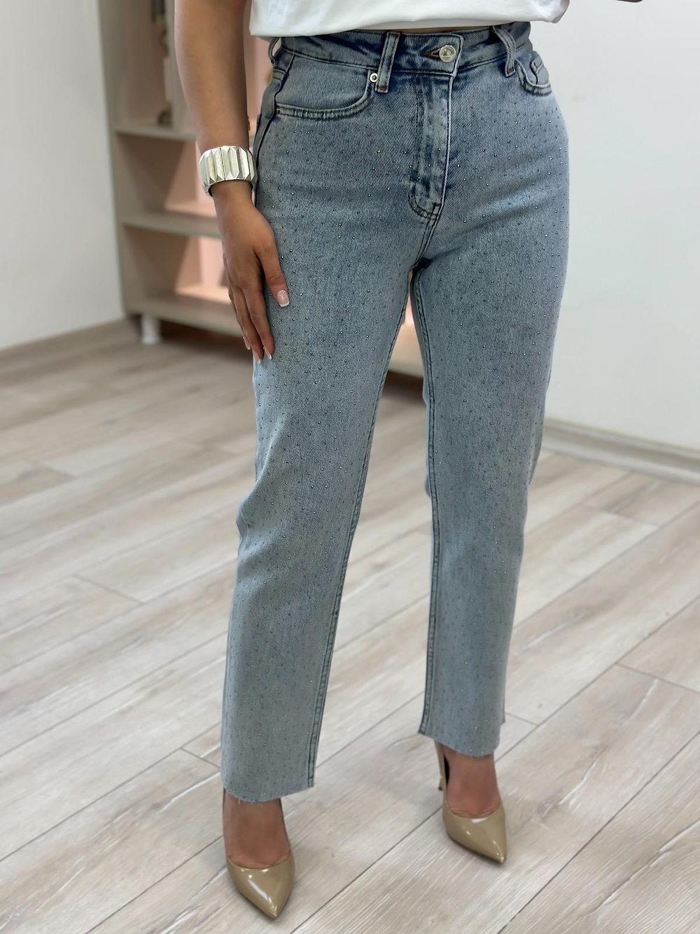 Serpme Taş Detay Mom Fit Pantolon BUZ MAVİ