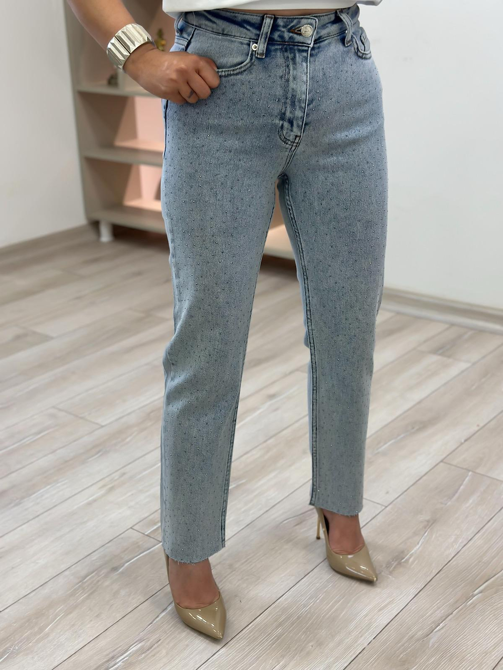 Serpme Taş Detay Mom Fit Pantolon BUZ MAVİ