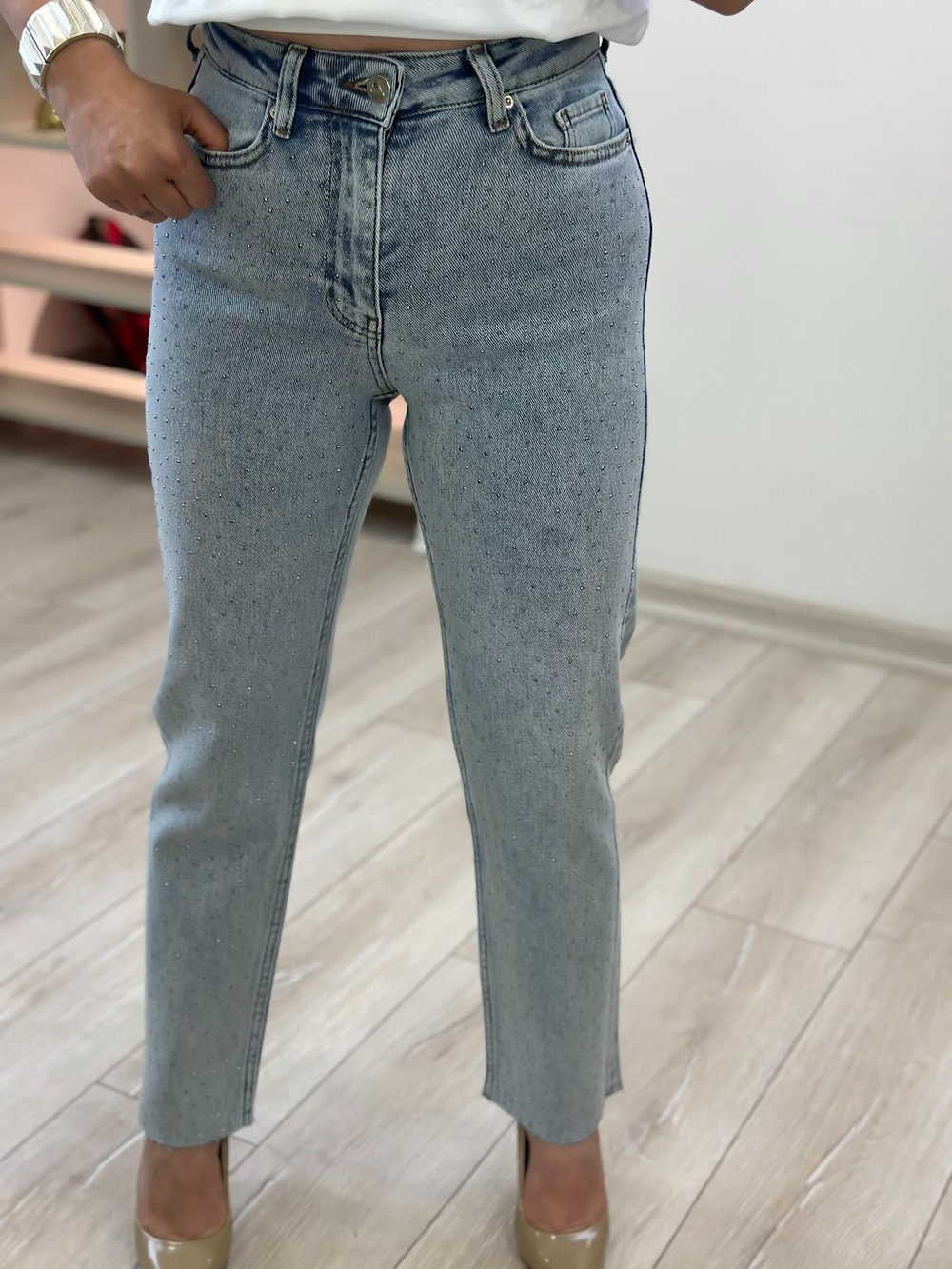 Serpme Taş Detay Mom Fit Pantolon BUZ MAVİ