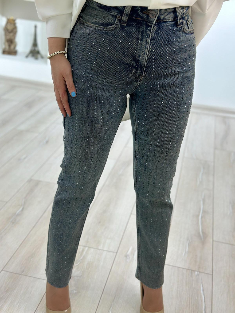 Serpme Taş Detay Mom Fit Pantolon KOYU MAVİ