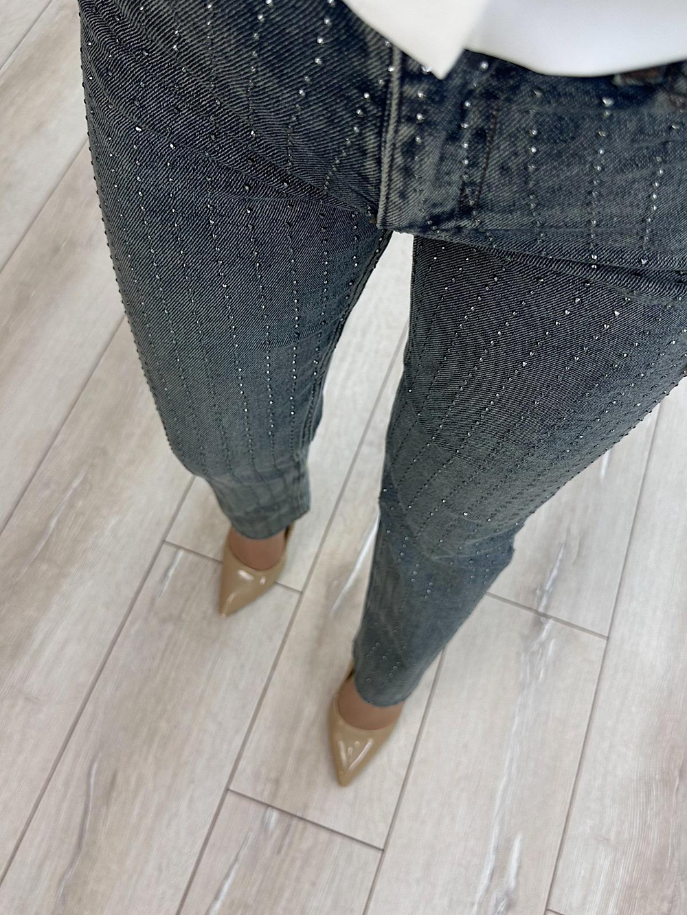 Serpme Taş Detay Mom Fit Pantolon KOYU MAVİ