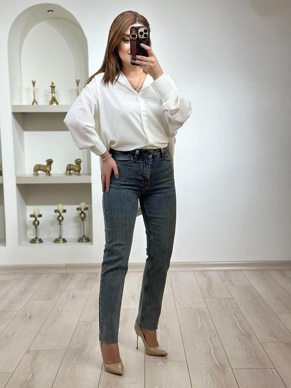 Serpme Taş Detay Mom Fit Pantolon KOYU MAVİ