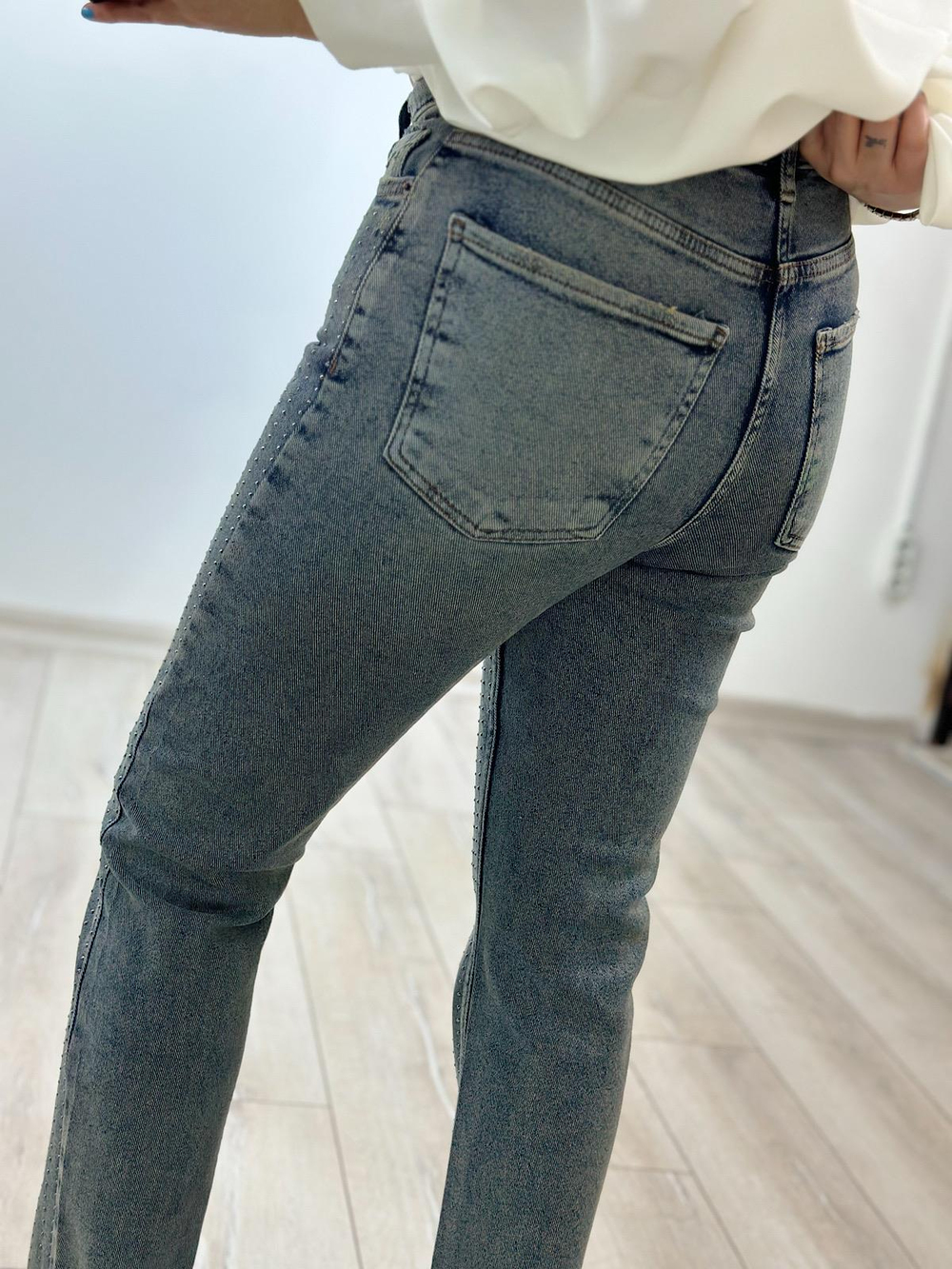 Serpme Taş Detay Mom Fit Pantolon KOYU MAVİ