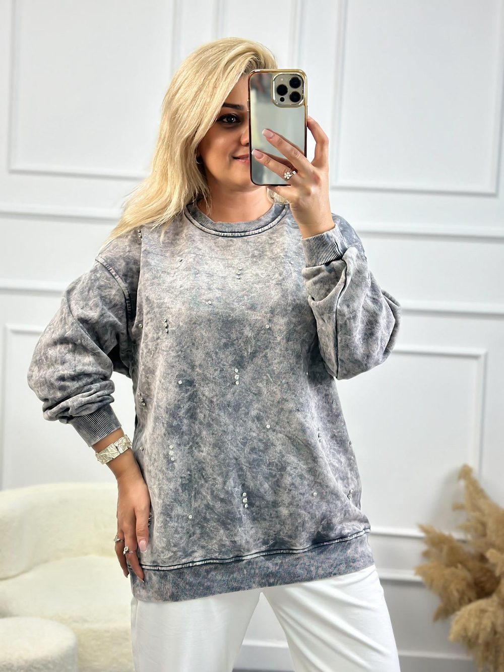 Serpme Taşlı Yıkamalı Sweatshirt ANTRASİT