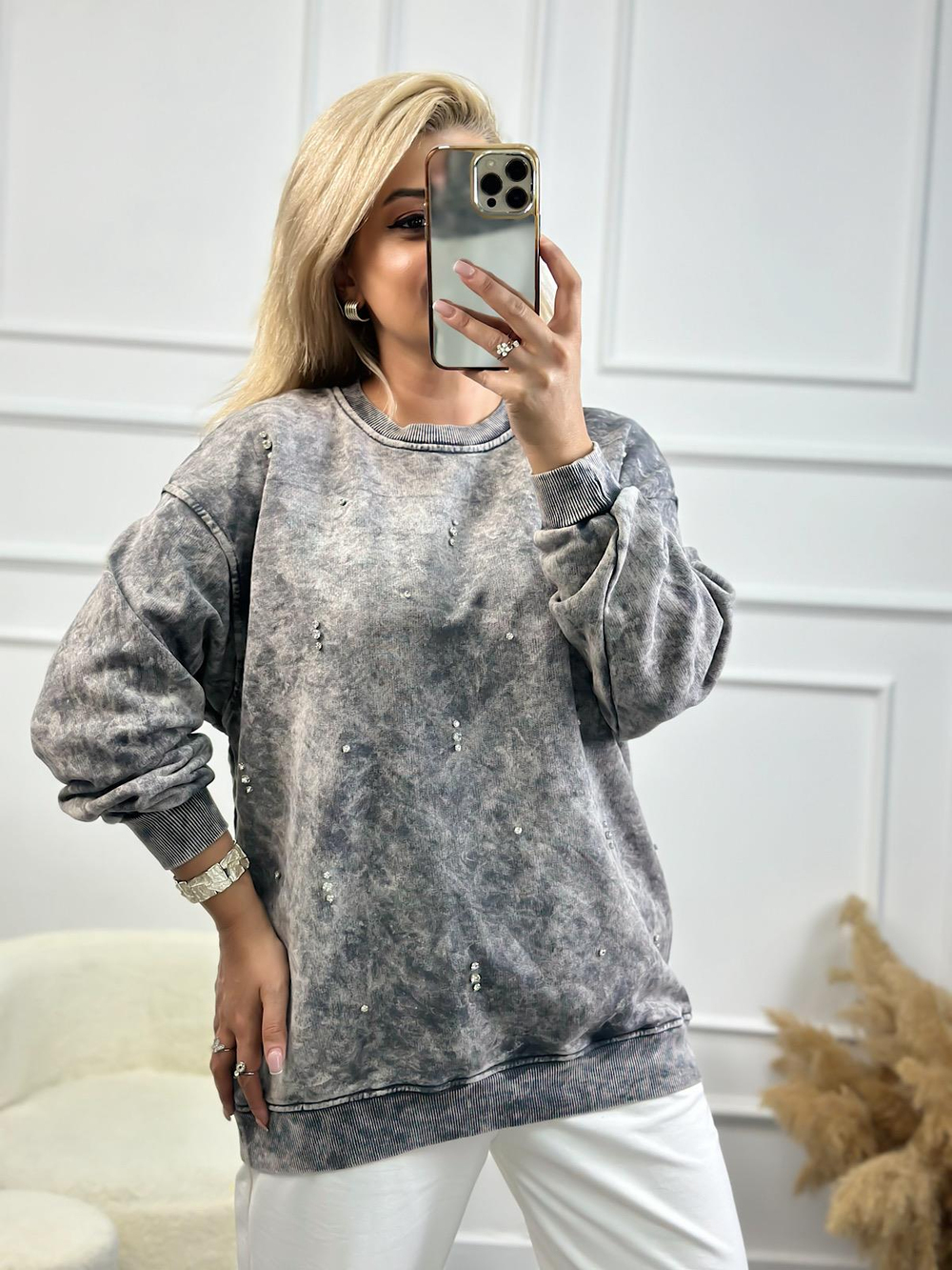 Serpme Taşlı Yıkamalı Sweatshirt ANTRASİT