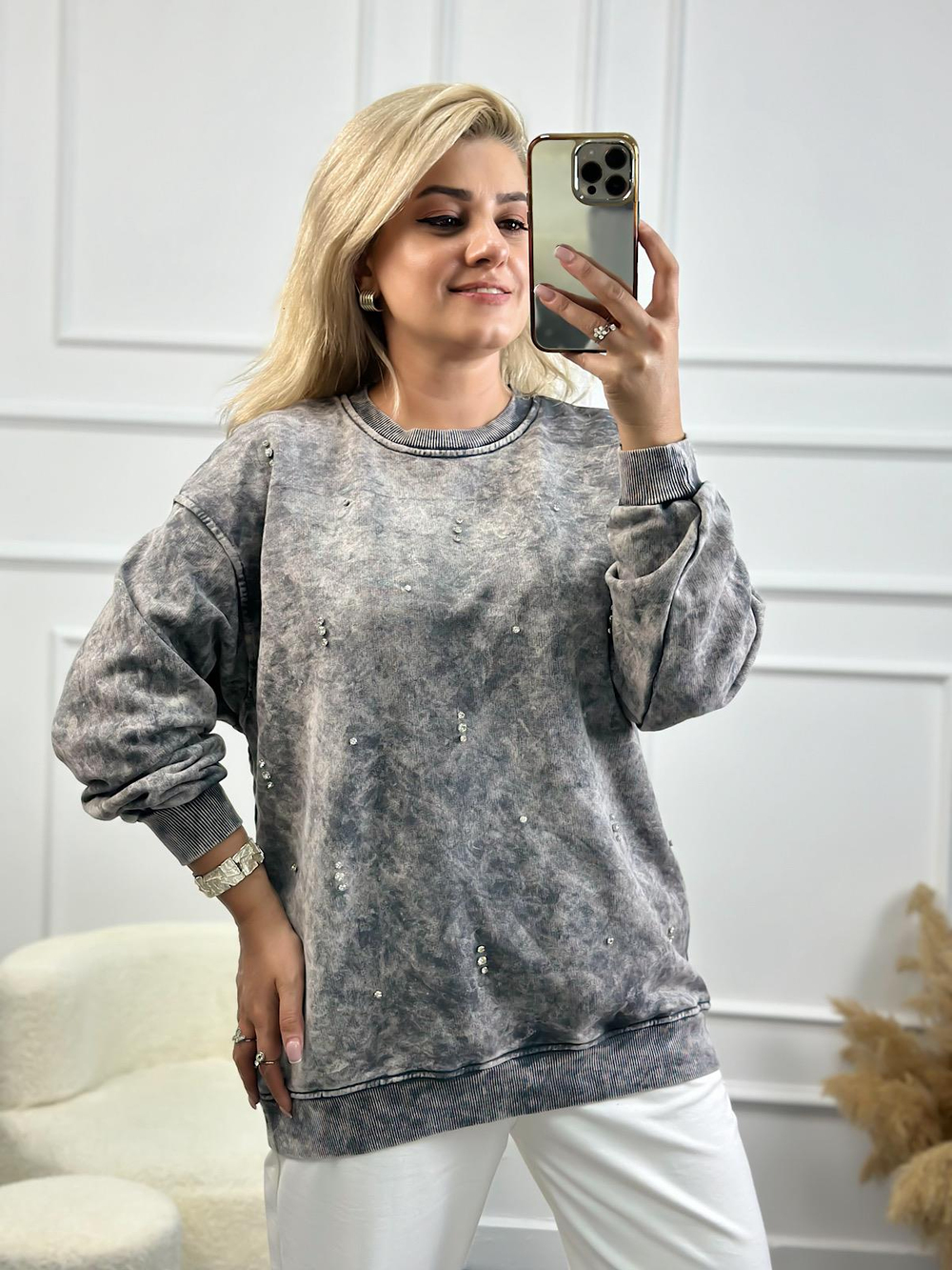 Serpme Taşlı Yıkamalı Sweatshirt ANTRASİT